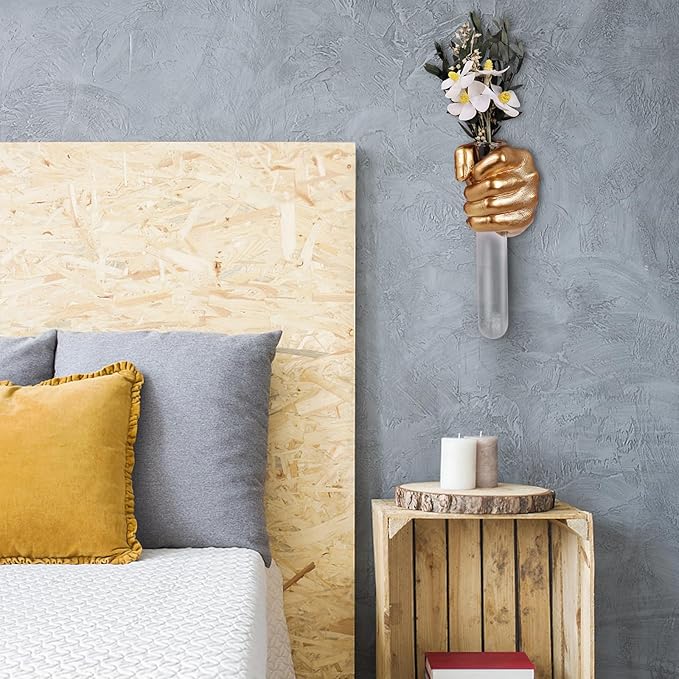 Gold Wall Sculptures, Hand Vases Home Decor, Wall Mount Art Sculpture, Unique Wall Art Statue, Funky Flower Vase Decorations, Modern Eclectic Hanging Decor,Glass Test Tube Vase-Ruum Studio Home