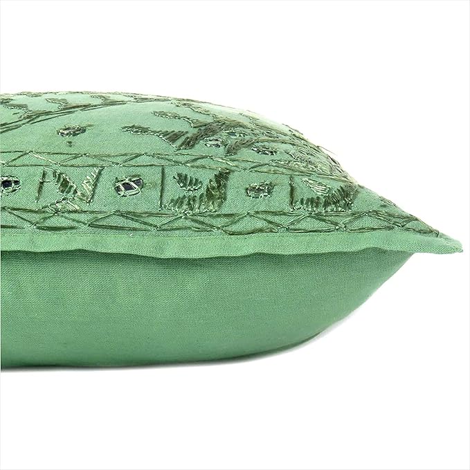 Eyes of India Embroidered Decorative Boho Throw Pillow Cover with Mirrors, Handmade Bohemian Accent Cushion Case for Sofa Couch Bedroom Living Room (Green, 16" x 16")-Ruum Studio Home