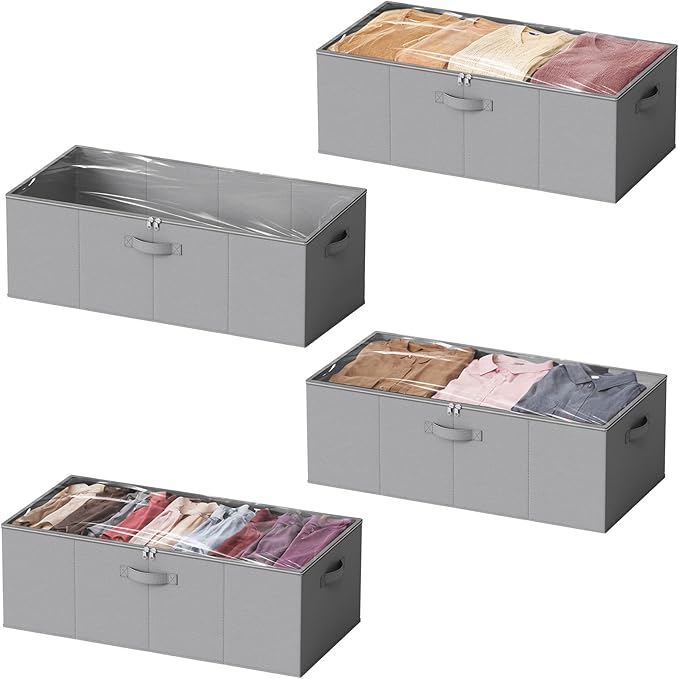 SpaceAid 4 Pack 10" High Under Bed Storage Containers, Large Underbed Storage Organizer Bins with Lids for Bedroom, Dorm, Clothes, Closet Organization, Bed Sheets and Blankets (Gray)-Ruum Studio Home