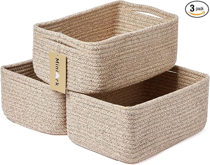 Small Storage Baskets for Organizing | Closet Organizer Bins | Shelf Toy Basket | Woven Rope Baskets | Cube Decorative Box | Shallow Basket | 13x8.5x5.1” | 3 Packs Mixed Brown-Ruum Studio Home