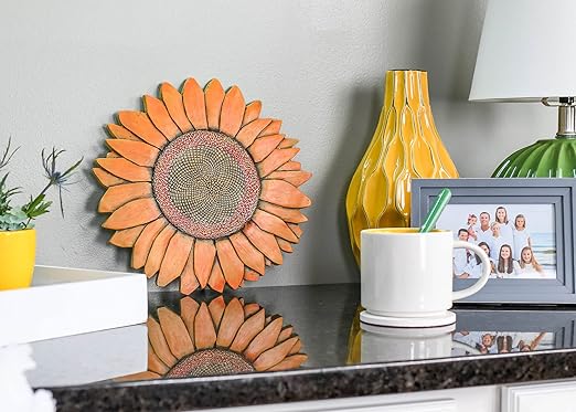 NAT & Jules Sunflower Shaped Dimensional Indoor Outdoor 12 inch Cast Resin Decorative Garden Stepping Stone, Patio, Walkway Sculpture Yard Art, Orange-Ruum Studio Home
