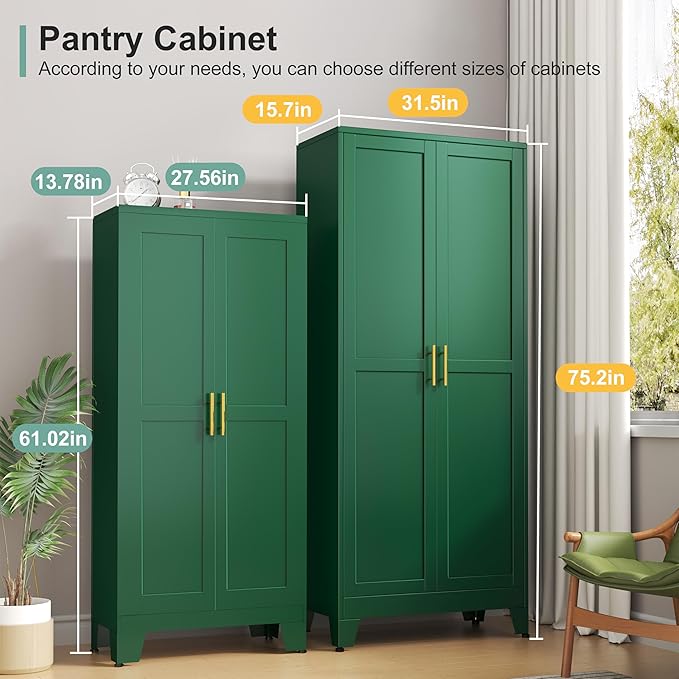 Metal Pantry Cabinet with 2 Doors and 5 Adjustable Shelves, 75" Kitchen Storage Cabinet with Gold Handles, Versatile Storage for Laundry, Living, Bathroom, Dining, Utility Room - Green-Ruum Studio Home