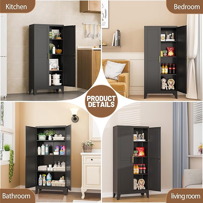 Metal Kitchen Pantry Storage Cabinet with 2 Doors and 3 Adjustable Shelves,Pantry Cabinet with Adjustable Leveling Foot for Kitchen, Living Room, Dining Room（Black）-Ruum Studio Home
