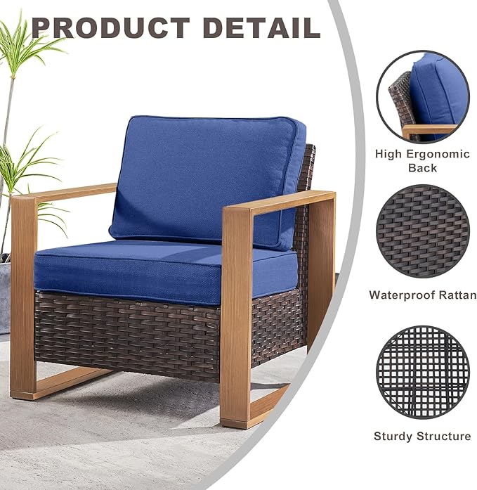 Outdoor Wicker Patio Furniture Set - 5 Piece Patio Conversation Set with 2 Wicker Armrest Chairs,2 Rattan Ottoman, 1 Side Table, Sturdy Frame, Thick Cushions, Deep Seating(Brown/Blue)-Ruum Studio Home