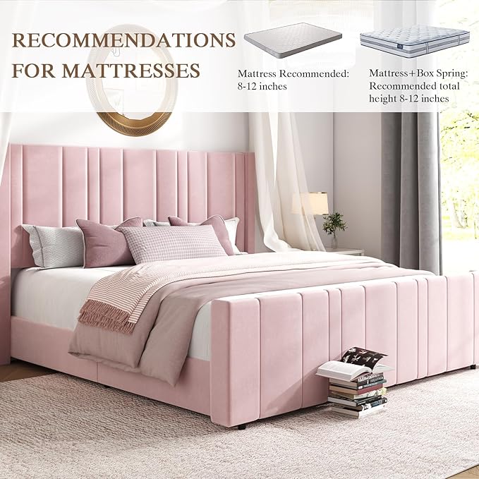 HOMBCK King Size Bed Frame and Headboard, Upholstered Bed with Vertical Channel Tufted Headboard & Footboard, Wooden Slats/Noise Free/No Box Spring Needed/Easy Assembly, Pink-Ruum Studio Home