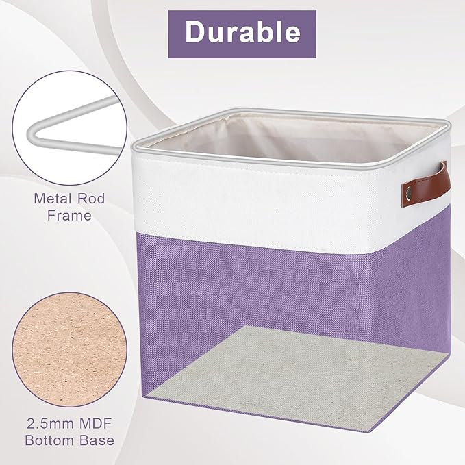 Collapsible Fabric Storage Cubes 11x11 Cube Storage Bins, 4 Pack Closet Baskets Box with Handles for Organizing, Shelf, Toys, Clothes, Home, Office, Nursery (Purple&White)-Ruum Studio Home