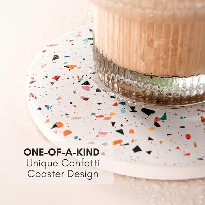 Terrazzo Drink Absorbent Coasters with Holder Set of 6, Ceramic Coaster for Drinks, Coffee Table Decor, Water Absorbing Stone Coaster for Drinks (Confetti)-Ruum Studio Home