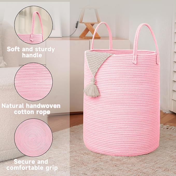 Large Woven Laundry Basket Hamper,80L Cotton Rope Storage Bin for Blankets,Toys and Clothes,Decorative Tall Nursery Hamper for Living Room,Baby Nursery,Bathroom and Bedroom,Pink-Ruum Studio Home