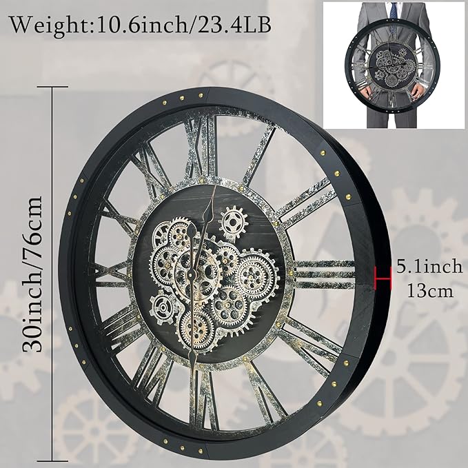 30 Inch Industrial Steampunk Wall Clock, Oversized Solid Wood Frame, Battery Operated, Large Wall Clock with Real Rotating Gears, Black-Ruum Studio Home