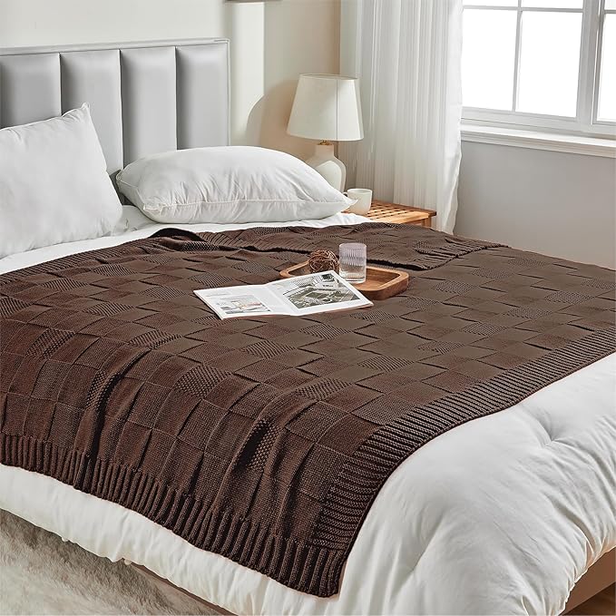 CozeCube Check Knit Throw Blanket, Dark Brown Checkered Throw for Couch, Decorative Christmas Soft Cozy Warm Knitted Blanket for Bed Sofa Living Room, 60"X80"-Ruum Studio Home