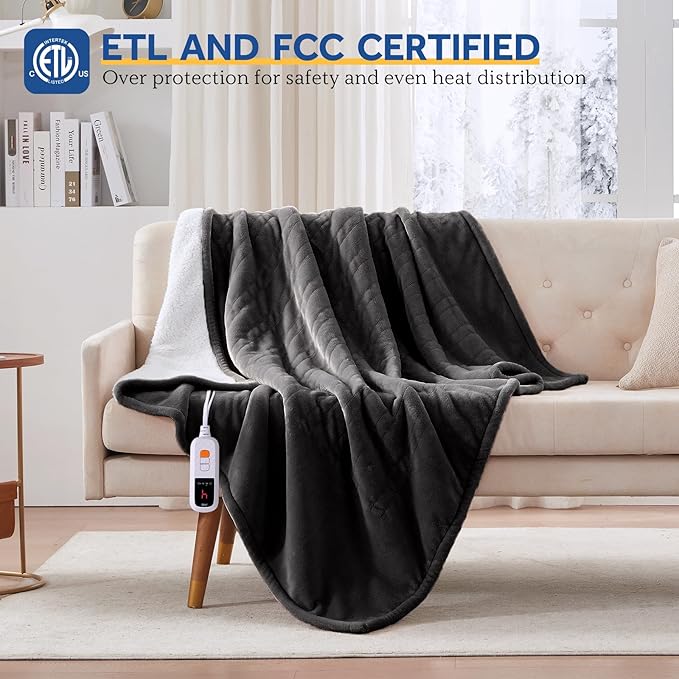 Sealy Electric Blanket Throw Size 50"*60",Super Cozy Flannel to Sherpa Reversible Heated Blanket Throw with 6 Heating Levels & 2-10 Hours Auto Off Overheating Protection Machine Washable,Charcoal-Ruum Studio Home