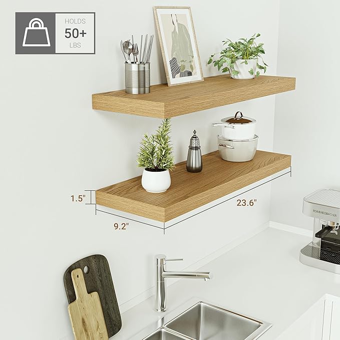 Floating Shelves for Wall 24 inchs Long, 9.2” deep x 1.5” Wall Shelf for Bedroom, Bathroom, Living Room, Kitchen, Office Home Decor, Deep Wood Shelves with Invisible Brackets, Set of 2, Oak-Ruum Studio Home