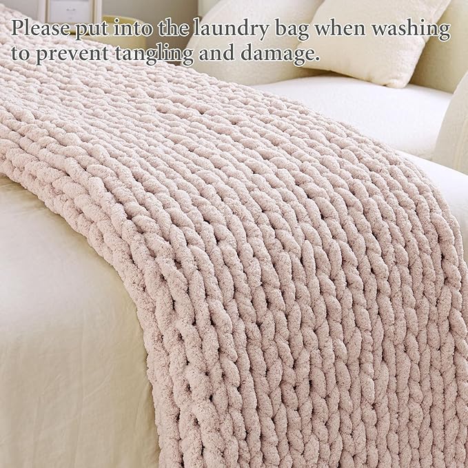 Admitrack Chunky Knit Blanket Throw, 100% Hand Knit Chenille Throw Blanket for Sofa & Home Decor, Soft and Cozy Knitted Throw Blankets (Pink，51"x63")-Ruum Studio Home