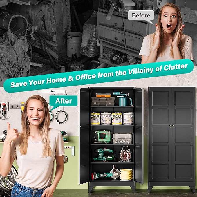Metal Storages Cabinet with 2 Doors and 5 Shelves,Tall Storage Cabinet,Large Cupboard Closet,Pantry Storage Cabinet for Home,Office,Bathroom,Dining/Living Room (Black, 71" H)-Ruum Studio Home