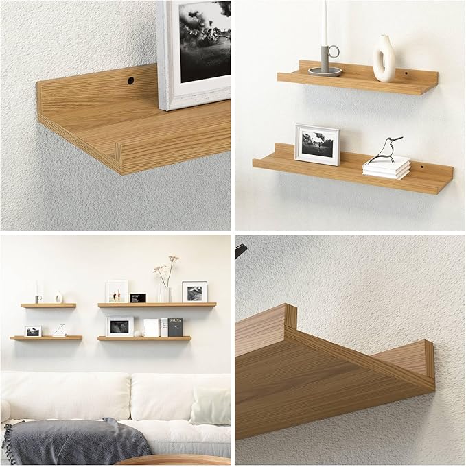 RICHER HOUSE 5 Set Floating Shelves for Wall Decor, Wall Mounted Book Shelf, Nursery Shelves Picture Ledge Shelf with Lip for Wall Storage, Bedroom, Living Room, Bathroom - Oak-Ruum Studio Home