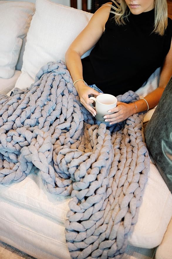Nuzzie Chunky Knit Weighted Blanket - Breathable, Cooling, Hand Made Knit Throw Blanket for Sleep - Machine Washable, Stylish Decor Design (Misty Grey, Queen | 22lbs | 60"x80")-Ruum Studio Home
