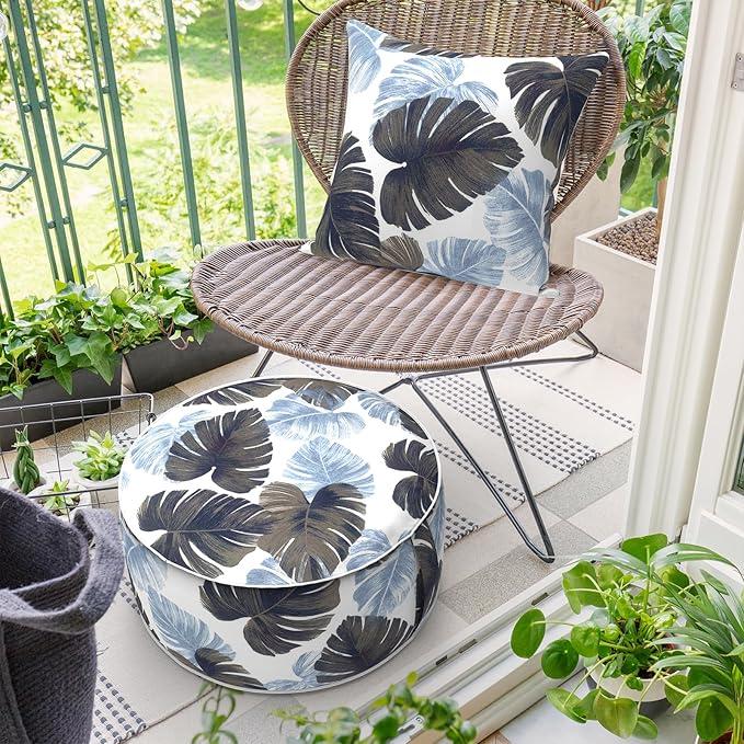 Inflatable Ottoman Stool D21 xH9 for Outdoor/Indoor Use, Water Repellent Patio Foot Rest Stool with Portable Handle,Round Pouf Ottoman Suitable for Garden,Deck and Camping - Monstera Blue-Ruum Studio Home