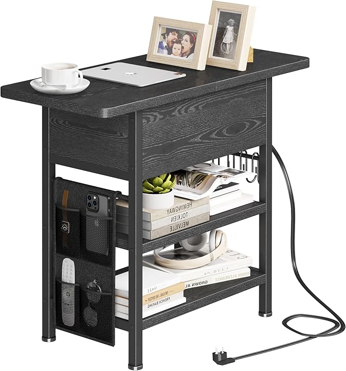 End Table with Charging Station, Flip Top Nightstand with USB Ports and Outlets,Couch Side Table with Fabric Bag and Hooks, Bedside Table for Space Saving, Living Room, Bedroom (Black)-Ruum Studio Home