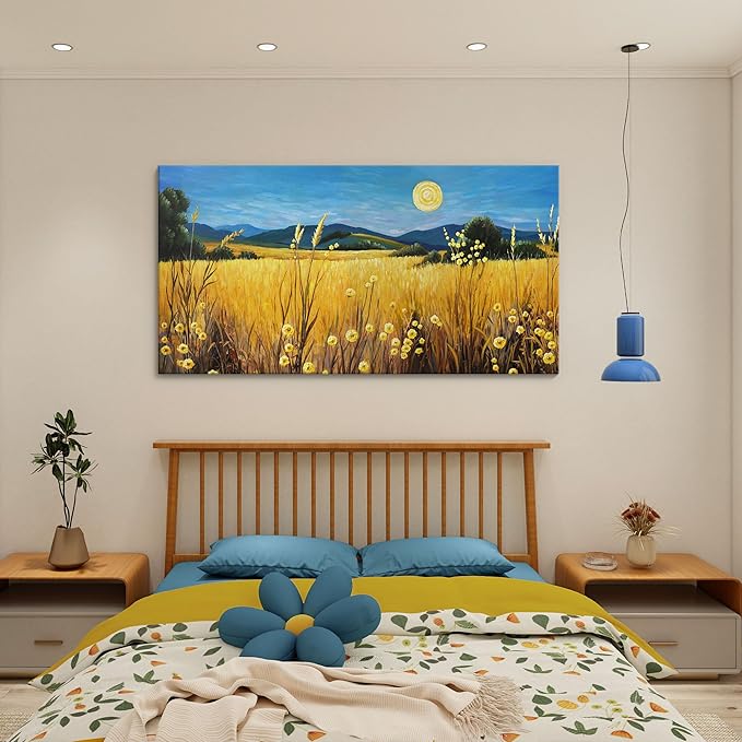 AJAZIKO Landscape Wall Art Moon Framed Canvas Wall Art Large Yellow Living Room Wall Decor Fall Paintings for Bedroom Nature Office Artwork 24×48IN-Ruum Studio Home