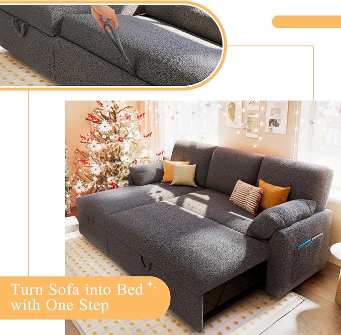 VanAcc Sofa Bed, Sleeper Sofa with Storage Chaise- 2 in 1 Pull Out Couch Living Room, Comfy Sleeper Couch, Grey Boucle-Ruum Studio Home