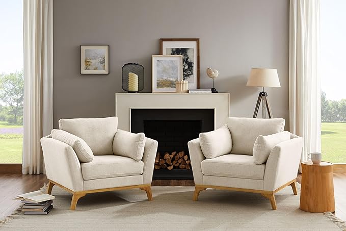 Large-Sized Accent Chair, Thick Cushion Bedroom Reading Chair, Comfortable Living Room Single Sofa， Linen Gray-Ruum Studio Home