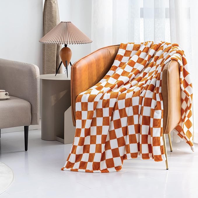 LOMAO Throw Blankets Flannel Blanket with Checkerboard Grid Pattern Soft Throw Blanket for Couch, Bed, Sofa Luxurious Warm and Cozy for All Seasons (Orange, 50"x60")-Ruum Studio Home