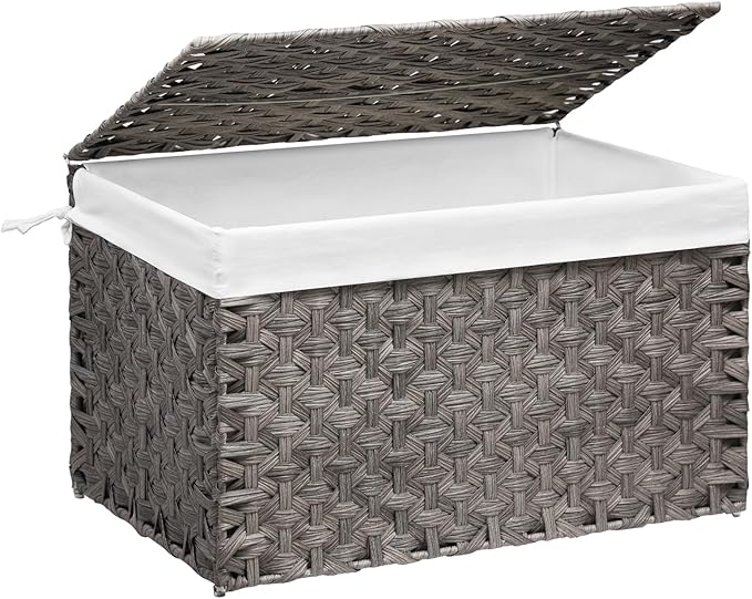 Wicker Storage Basket with Lid, 42.3 Gallon (160L) Large Blanket Basket with Lid, Woven Storage Bin with Handles, Removable Liner, Metal Frame, Foldable, for Bedroom, Laundry Room, Grey-Ruum Studio Home