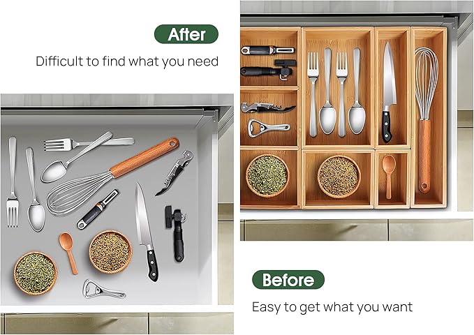 Kootek Bamboo Drawer Organizer with Removable Dividers, 6 Pcs Adjustable Kitchen Drawer Organizer Utensils Bamboo Organizers Silverware Storage Box Cutlery Tray Multi-Use for Bathroom, Makeup, Office-Ruum Studio Home