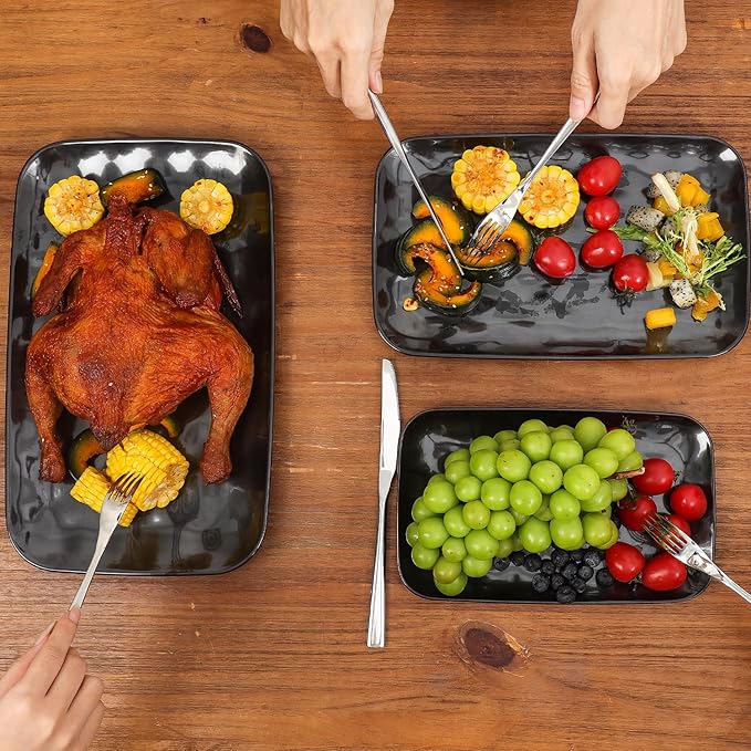 vicrays Ceramic Rectangle Serving Platters - 14" 12" 10" Porcelain Serving Trays Plates for Party BBQ Appetizers Sushi Dessert - Microwave Oven and Dishwasher Safe - Set of 3 Bright Black-Ruum Studio Home