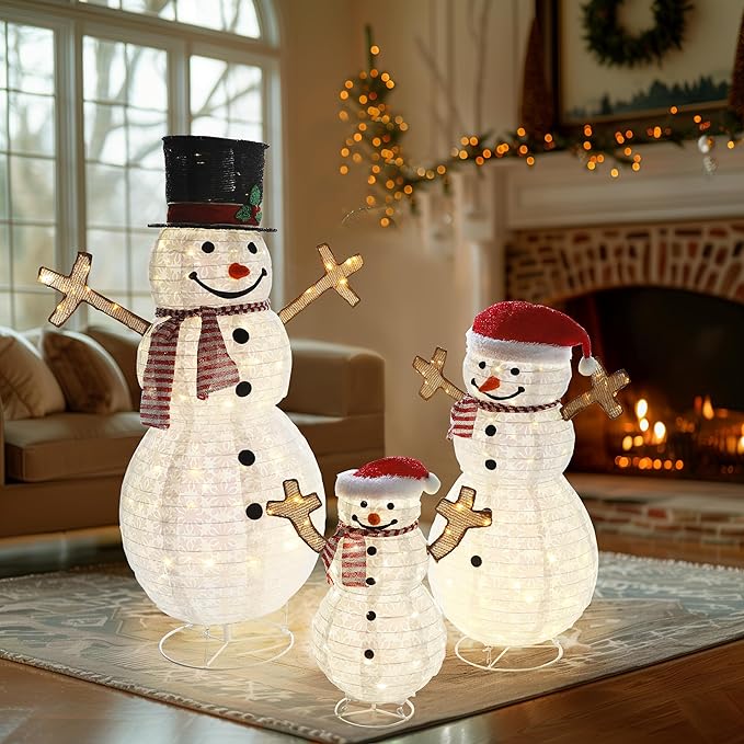 4FT Pop-Up Snowman Family, Pre-Lit Holiday Decoration Sign with 270 LED Lights, Customized Placement Holiday Display for Indoor, Outdoor-Ruum Studio Home