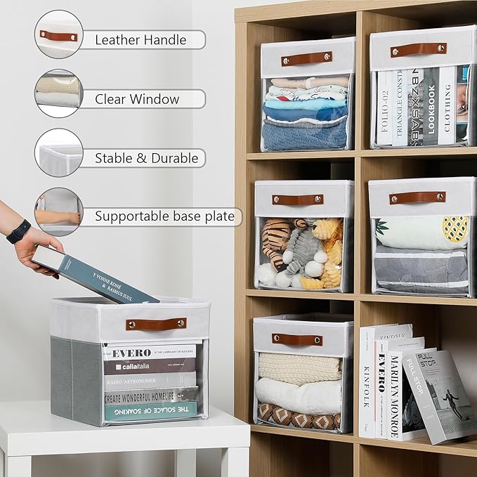 HNZIGE 11x11 Cube Storage Bins for Cube Organizer, Clear Fabric Storage Cubes for Storage Shelves, Collapsible Decorative Storage Bins for Clothes Closet Toys Cubby Storage Bin(White Gray 6 PCS-Ruum Studio Home