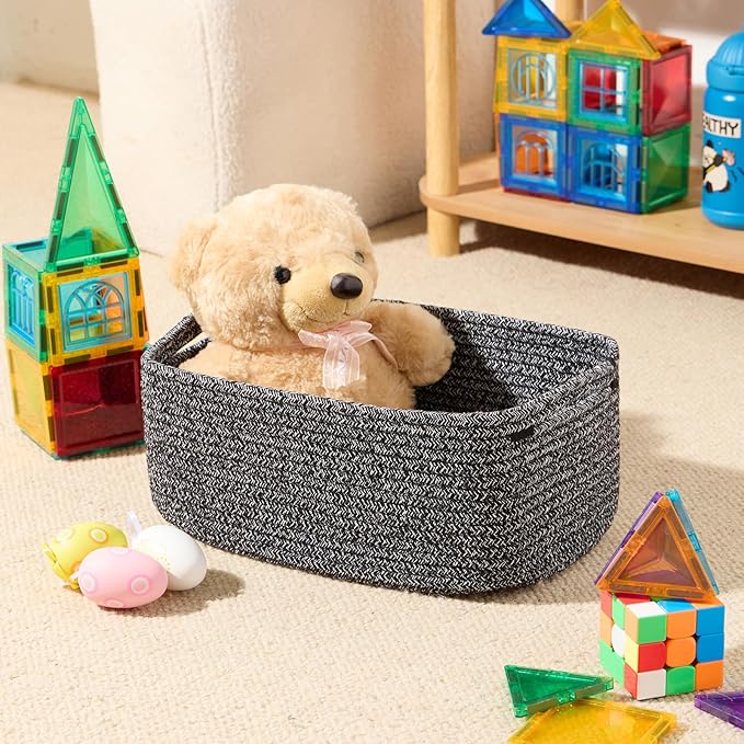Small Storage Baskets for Organizing | Closet Organizer Bins | Shelf Toy Basket | Woven Rope Baskets | Cube Decorative Box | Shallow Basket | 13x8.5x5.1” | 4 Packs Dark Gray-Ruum Studio Home