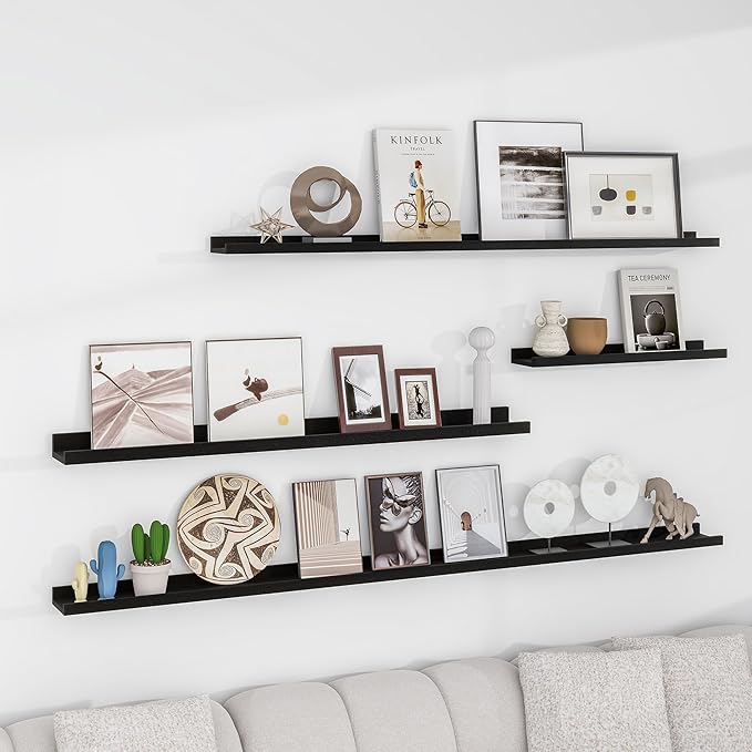 Solid Ash Wood Picture Ledge Shelf, Floating Shelves Set of 2, 56 Inch Long Large Ledge Shelves, Nursery Book Shelves Wall Mounted for Living Room Bedroom Kitchen Decor Kids Bookshelf, Black-Ruum Studio Home