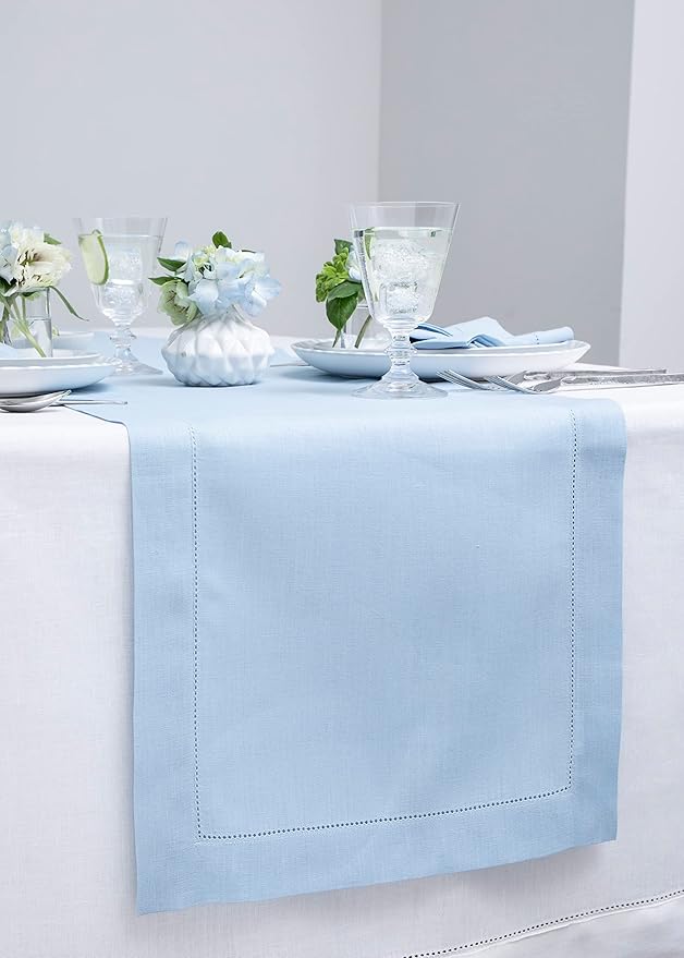 Solino Home Linen Sky Blue Table Runner 36 Inches - Classic Hemstitch, 100% Pure Linen Coffee Table Runner 14 x 36 Inch Ideal for Dresser Tables-Ruum Studio Home