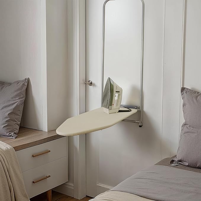 Household Essentials 144222 Over The Door Small Ironing Board with Iron Holder, Natural Cotton Cover Silver-Ruum Studio Home