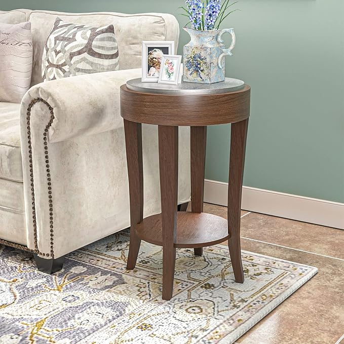 COSIEST Round End Table, 2-Tier Classic Brown Side Table, Farmhouse Wood Accent Table with Storage Shelf for Living Room, Bedroom, Office, Distressed Glaze Finish-Ruum Studio Home