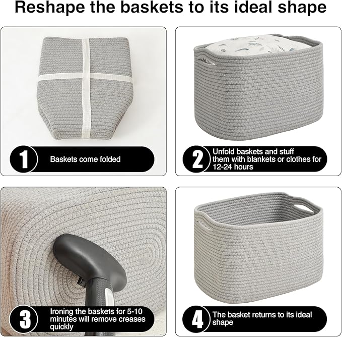 Storage Baskets for Organizing & Shelves, Woven Cotton Rope Organization Bins for Dog Toys, Clothes, Books, Nursery Organizer, 15" Lx11 Wx9.5 H, (4 Packs) Grey-Ruum Studio Home