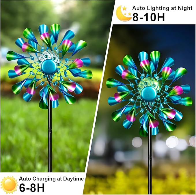60'' Wind Spinner with Color Glass Ball Solar Lights, Green Peacock Feathers Metal Garden Outdoor Decor Yard Lawn Art Decor for Patio Kinetic Windmills Unique Gifts for Friends and Family-Ruum Studio Home