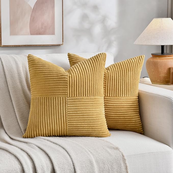 Fancy Homi 2 Packs Mustard Yellow Samll Decorative Throw Pillow Covers 12x12 Inch with for Couch Bed Sofa, Rustic Farmhouse Boho Home Decor, Soft Corss Patchwork Corduroy Square Cushion Case 30x30 cm-Ruum Studio Home
