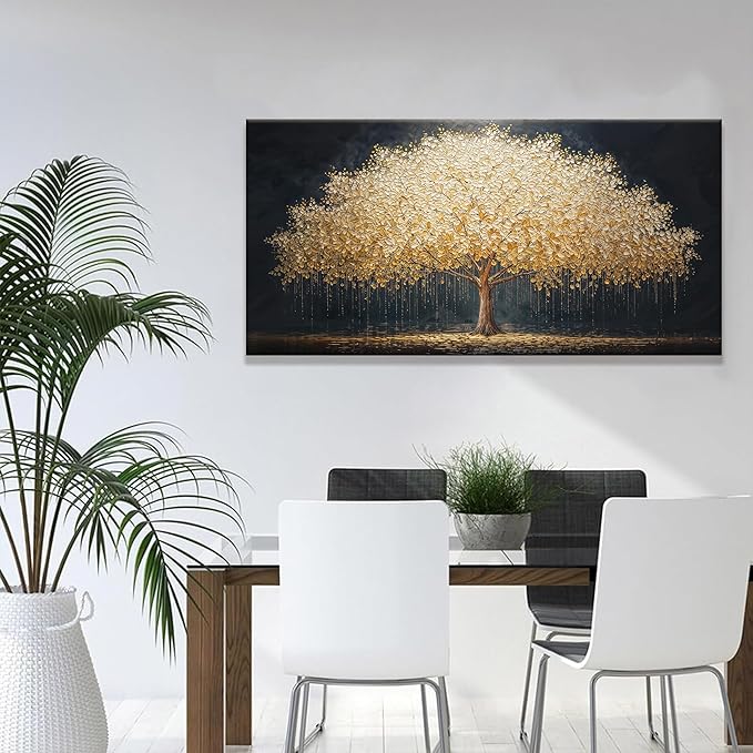 Wall Art Gold Tree Of Life Modern Wall Art Artwork Canvas Art Wall Decor Painting Gold Tree Pictures Abstract Wall Decor For Living Room Bedroom Dining Room Home Office Artwork Ready To Hang 24"X 48"-Ruum Studio Home