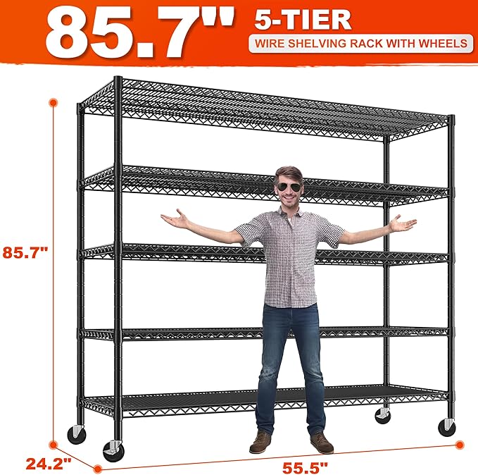 REIBII 85.7"H Storage Shelves 2998LBS Metal Shelving Units with Wheels&Feet, 5 Tier Garage Shelving Heavy Duty Adjustable Wire Shelf for Pantry Garage Commercial Industrials, 85.7"H X 55.5"W X 24.2"D-Ruum Studio Home