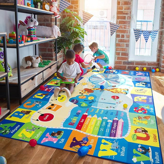 Kids Rugs for Playroom Washable, Educational and Fun Learning Rugs with ABC Alphabet Animals Shapes, Baby Toddler Children's Play Mat for Bedroom Classroom Nursery, 5x7 Feet, Blue-Ruum Studio Home