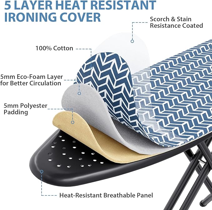KINGBOARD Ironing Board, Foldable Iron Board with Iron Rest, Compact Ironing Board with Height Adjustable, Extra Thick Heat-Resistant Cover, Heavy-Duty Sturdy Metal Legs, 43x13 Blue-Ruum Studio Home