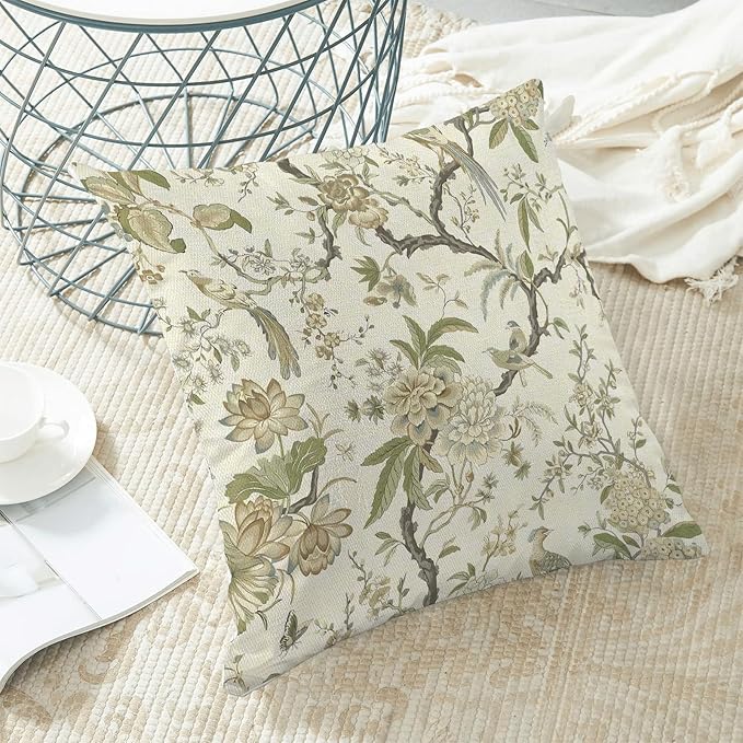 CXMEIFLY Spring Floral Birds Pillow Covers 20 x 20 Inch Set of 2 for Chinoiserie Flowers Decor Throw Pillows Sage Green Plant Outdoor Decorative Cushion Cases for Couch Bed Decorations-Ruum Studio Home