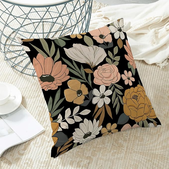 CXMEIFLY Spring Floral Pillow Covers 18 x 18 Inch Set of 2 for Vintage Pink Mustard Yellow Cream Flowers Decor Throw Pillows Plant Black Outdoor Decorative Cushion Cases for Couch Bed Decorations-Ruum Studio Home