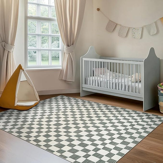 jinchan 6x9 Checkered Area Rugs for Kids Room - Machine Washable Soft Rug Modern Geometric Lattice Non-Slip Carpet for Nursery Playroom Classroom Living Room Bedroom Dining Room Home Office Grey-Ruum Studio Home