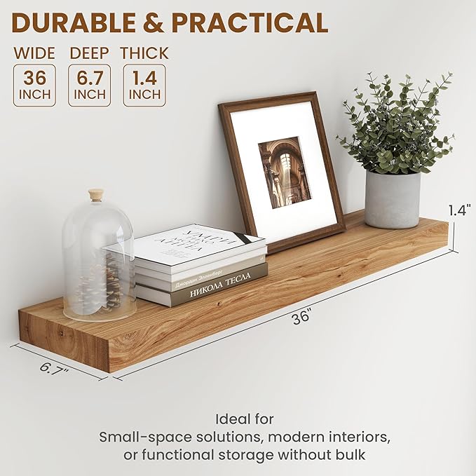 36 Inch Floating Shelves for Wall, Rustic Elm Wood Shelf for Home Decor, Heavy-Duty Wooden Floating Shelves for Kitchen, Wall Mounted Storage Shelves for Bathtoom, Living Room, Natural Color, Set of 2-Ruum Studio Home