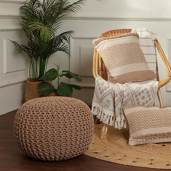 REDEARTH Round Pouf Ottoman - Hand Knitted Cable Boho Poof Home Décor Pouffe Circular Footrest for Living Room - Bedroom - Lounge - 100% Cotton (19.5"x19.5"x14") - Beige-Ruum Studio Home