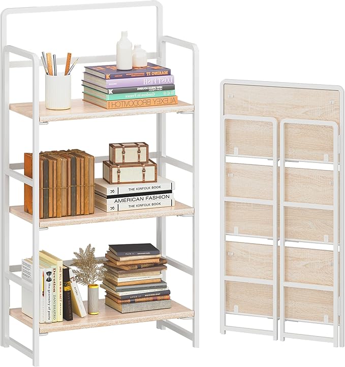 4NM No Assembly Foldable Bookshelf, 3-Shelf Collapsible Bookcase Storage for Small Spaces, 42.1" H, Natural White-Ruum Studio Home