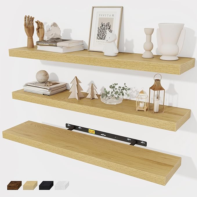 Fun Memories 32 Inch Floating Shelves Wall Shelf Set of 3, Rustic Farmhouse Home Decor Kitchen Living Room Shelves Wall Mounted, 32 x 6.7 x 1.4 Inch, Oak Color-Ruum Studio Home
